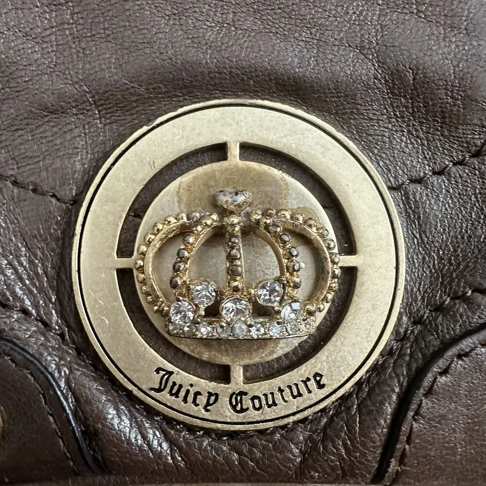 Vintage Juicy Couture Brown Leather Wristlet Crown Rhinestone Medallion Y2K Bag